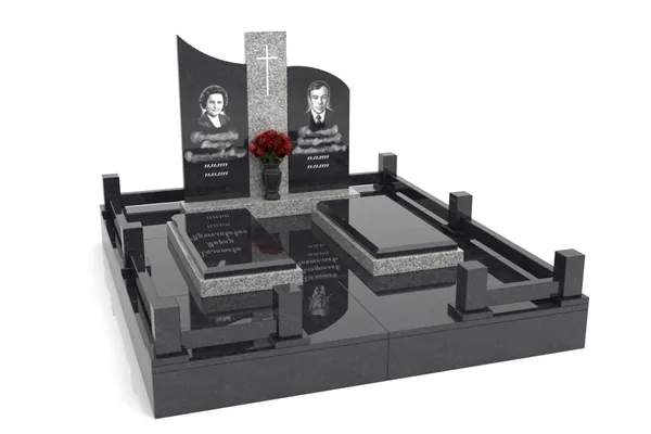 Вертикальный семейный памятник из двух видов камня с ассиметричными стелами и пилонам гранита-мрамора